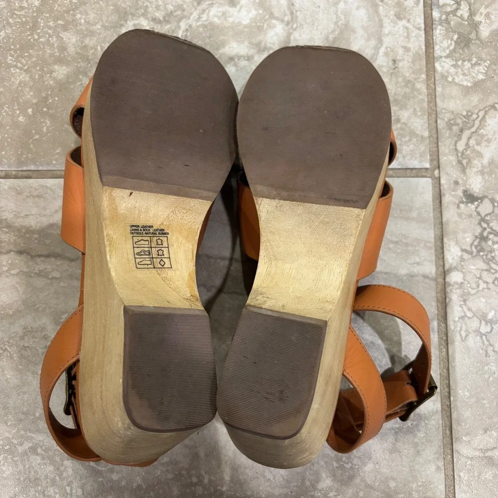 Everlane Leather Crossover Platform Sandal Brown Wood Wedge Ankle Strap sz 7.5 - Picture 8 of 11